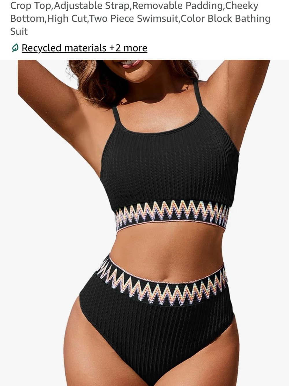 Ribbed Black High-Waist Two-Piece Bikini with Zigzag Accent
